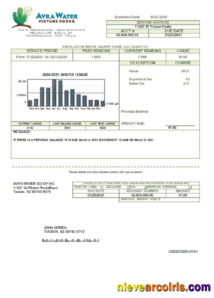 USA Arizona Avra Water utility bill